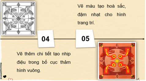 PHẦN 1: SOẠN GIÁO ÁN WORD MĨ THUẬT 6 CHÂN TRỜI SÁNG TẠOBÀI 3: THẢM TRANG TRÍ VỚI HỌA TIẾT TRỐNG ĐỒNGI. MỤC TIÊU1. Mức độ, yêu cầu cần đạt- Chỉ ra được cách vận dụng nguyên lí lặp lại, cân bằng và nhịp điệu trong trang trí thảm hình vuông.- Trang trí được thảm hình vuông với hoạ tiết trống đồng.- Phân tích được nhịp điệu và sự cân bằng trong bài vẽ.2. Năng lực- Năng lực chung: Tự học, giải quyết vấn đề, tư duy, tự quản lý, trao đổi nhóm.- Năng lực riêng: + Biết cách phân tích vẻ đẹp của một bức tranh và sử dụng chất liệu thực hiện được một sản phẩm mĩ thuật.+ Biết nhận xét, đánh giá sản phẩm mĩ thuật của cá nhân, nhóm.3. Phẩm chất- Có hiểu biết và yêu thích các thể loại của mĩ thuật.- Có ý thức giữ gìn nét đẹp di sản nghệ thuật của dân tộc.II. THIẾT BỊ DẠY HỌC VÀ HỌC LIỆU1. Chuẩn bị của giáo viên- Giáo án biên soạn theo định hướng phát triển năng lực, tìm hiểu mục tiêu bài học- Một số hình ảnh họa tiết trên trống đồng và một số bài trang trí thảm hình vuông ; một số thảm có hình dạng cơ bản được trang trí.- Máy tính, máy chiếu, bảng, phấn, giấy A3, A42. Chuẩn bị của học sinhSGK, đồ dùng học tập, giấy A4Tranh ảnh, tư liệu sưu tầm liên quan đến bài học.Dụng cụ học tập theo yêu cầu của GV: giấy vẽ, màu vẽ, bút chì, tẩy, hình hoạt tiết trên trống đồng.III. TIẾN TRÌNH DẠY HỌCA. HOẠT ĐỘNG KHỞI ĐỘNGa. Mục tiêu: Tạo tâm thế hứng thú cho học sinh và từng bước làm quen bài học.b. Nội dung: GV trình bày vấn đề, HS trả lời câu hỏi.c. Sản phẩm học tập: HS lắng nghe và tiếp thu kiến thức.d. Tổ chức thực hiện: - Hướng dẫn HS quan sát một số hình ảnh thảm, sản phẩm thảm trong SGK Mĩ thuật 6 trang 55, thảo luận và chia sẻ cảm nhận về hình thức, nguyên lí sắp xếp hoạ tiết trên thảm, về màu sắc, tương quan sắc độ giữa màu hoạ tiết và màu nền, bằng cách trả lời câu hỏi :+ Cách sắp xếp các hoạ tiết trên mỗi sản phẩm thảm vuông theo nguyên lí tạo hình nào?+ Hình, màu, đậm nhạt của hoạ tết trên các sản phẩm thảm có điểm gì giống và khác nhau?+ Sắc độ màu của họa tiết so với màu của nền như thế nào?- HS tiếp nhận nhiệm vụ, trả lời câu hỏi :Quan sát hình và cho biết: - Hoạ tiết được sử dụng để trang trí thảm: - Nguyên lí sắp xếp hoạ tiết trên thảm: đối xứng, cân xứng hai bên- Cách sử dụng màu sắc, đậm nhạt: Họa tiết trang trí thảm có đường viền ở ngoài. Sử dụng một màu sắc đậm hay nhạt làm màu chủ đạo chính.- GV đặt vấn đề: Trong đời sống hàng ngày nói chung và trong ngành mĩ thuật nói riêng,các sản phẩm mĩ thuật được sáng tác và trưng bày vô cùng đa dạng và phong phú, mỗi loại sản phẩm có tính chất và mục đích ứng dụng riêng. Để nắm bắt rõ ràng và cụ thể hơn về thảm trang trí họa tiết trống đồng, chúng ta cùng tìm hiểu bài 3 : Thảm trang trí với họa tiết trống đồng.B. HOẠT ĐỘNG HÌNH THÀNH KIẾN THỨCHOẠT ĐỘNG: Cách trang trí thảm hình vuônga. Mục tiêu: giúp HS biết cách trang trí thảm hình vuôngb. Nội dung: Yêu cầu HS quan sát hình ở trang 56 SGK Mĩ thuật 6 để nhận biết cách trang trí thảm hình vuông.c. Sản phẩm học tập: thảm trang trí họa tiết d. Tổ chức thực hiện: HOẠT ĐỘNG CỦA GV - HSDỰ KIẾN SẢN PHẨMBước 1: GV chuyển giao nhiệm vụ học tập- Yêu cầu HS quan sát hình ở trang 56 SGK Mĩ thuật 6 để nhận biết cách trang trí thảm hình vuông. - Vẽ minh hoạ một số cách bố cục hình mảng khái quát để HS hiểu rõ hơn về nguyên lí lặp lại, xen kẽ, cân bằng, đối xứng,... trong trang trí thảm hình vuông.- Nêu câu hỏi gợi ý để HS suy nghĩ, thảo luận.+ Trang trí thâm hình vuông thường vận dụngnguyên lí tạo hình gì? + Các hoạ tiết trang trí trên thâm hình vuông thường đối xứng qua các đường trục nào?+ Hình họa tiết nên vẽ như thế nào để tạo độ chính xác, cân bằng ở các vị trí giống nhau về tỉ lệ và hình mảng?+ Trong trang trí hình vuông, màu sắc thường được sử dụng như thế nào để tạo sự hài hòa, cân bằng và có điểm nhấn?Bước 2: HS thực hiện nhiệm vụ học tập+ HS đọc sgk và thực hiện yêu cầu. + GV đến các nhóm theo dõi, hỗ trợ HS nếu cần thiết. Bước 3: Báo cáo kết quả hoạt động và thảo luận+ GV gọi 2 bạn đại diện của 2 nhóm trả lời.+ GV gọi HS khác nhận xét, bổ sung.Bước 4: Đánh giá kết quả, thực hiện nhiệm vụ học tập + GV đánh giá, nhận xét, chuẩn kiến thức.+ GV kết luận.- Nguyên lí sắp xếp họa tiết trong trang trí thảm là lặp lại, xen kĩ, đối xứng hoặc không đối xứng. Các họa tiết giống nhau thường được vẽ cùng màu, cùng độ đậm nhạt.- Các họa tiết được sắp xếp theo nguyên lí cân bằng đối xứng qua trục có thể vận dụng trong trang trí các hình cơ bản.- Các bước thực hiện trang trí thảm hình vuông:+ B1. Xác định kích thước hình vuông và kẻ các đường trục để tạo những mảng đối xứng qua tâm.+ B2. Xác định các mảng và vị trí đặt hoạ tiết.+ B3, Vé hoạ tiết cho một góc vuông rồi can hình vào các mảng theo vị tríđã xác định.+ B4, Vẽ thêm chi tiết tạo nhịp điệu trong bố cục thảm hình vuông,+ B5, Vẽ màu tạo hoà sắc, đậm nhạt cho hình trang trí.C. HOẠT ĐỘNG LUYỆN TẬPa. Mục tiêu: củng cố và khắc sâu kiến thức cho HS dựa trên kiến thức và kĩ năng đã học.b. Nội dung: - GV yêu cầu HS làm bài tập phần Luyện tập – sáng tạo trong SGK.c. Sản phẩm học tập: sản phẩm mĩ thuật của HS.d. Tổ chức thực hiện: ------------------- Còn tiếp -------------------PHẦN 2: BÀI GIẢNG POWERPOINT MĨ THUẬT 6 CHÂN TRỜI SÁNG TẠOCHÀO MỪNG CÁC EM ĐẾN VỚI BÀI HỌC HÔM NAY!BÀI 3: THẢM TRANG TRÍ VỚI HỌA TIẾT TRỐNG ĐỒNGNỘI DUNG BÀI HỌC1. Khám phá cách trang trí trải thảmQuan sát một số hình ảnh thảm, sản phẩm thảm trong trang 58 SGK:Hoạt động nhómThời gian: 3 phútDựa vào hình ảnh vừa quan sát, thảo luận và trả lời câu hỏi:Cách sắp xếp các hoạ tiết trên mỗi sản phẩm thảm vuông theo nguyên lí tạo hình nào?Hình, màu, đậm nhạt của hoạ tết trên các sản phẩm thảm có điểm gì giống và khác nhau?Sắc độ màu của họa tiết so với màu của nền như thế nào?Gợi ý- Hoạ tiết được sử dụng để trang trí thảm. - Nguyên lí sắp xếp hoạ tiết trên thảm: đối xứng, cân xứng hai bên.- Cách sử dụng màu sắc, đậm nhạt: Họa tiết trang trí thảm có đường viền ở ngoài. Sử dụng một màu sắc đậm hay nhạt làm màu chủ đạo chính.02 Kiến tạo kiến thức, kĩ năngCách trang trí trải thảm vuôngHoạt động nhómThời gian: 3 phútQuan sát hình ảnh cách trang trí thảm trải hình vuông trang 59 SGK, thảo luận và trả lời câu hỏi:+ Trang trí thảm hình vuông thường vận dụng nguyên lí tạo hình gì? + Các hoạ tiết trang trí trên thâm hình vuông thường đối xứng qua các đường trục nào?+ Hình họa tiết nên vẽ như thế nào để tạo độ chính xác, cân bằng ở các vị trí giống nhau về tỉ lệ và hình mảng?+ Trong trang trí hình vuông, màu sắc thường được sử dụng như thế nào để tạo sự hài hòa, cân bằng và có điểm nhấn?KẾT LUẬN- Nguyên lí sắp xếp họa tiết trong trang trí thảm là lặp lại, xen kĩ, đối xứng hoặc không đối xứng. Các họa tiết giống nhau thường được vẽ cùng màu, cùng độ đậm nhạt.- Các họa tiết được sắp xếp theo nguyên lí cân bằng đối xứng qua trục có thể vận dụng trong trang trí các hình cơ bản.Các bước thực hiện trang trí thảm hình vuông03 Luyện tập – Sáng tạo------------------- Còn tiếp -------------------PHẦN 3: TÀI LIỆU ĐƯỢC TẶNG KÈM